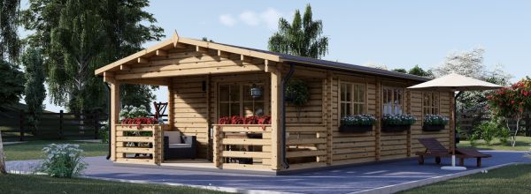 Casa de madera para vivir HYMER (Aislada PLUS, 44+44 mm), 42 m² + 10 m² porche