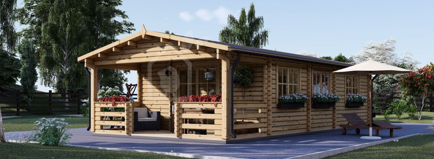 Casa de madera para vivir HYMER (Aislada PLUS, 44+44 mm), 42 m² + 10 m² porche visualization 1