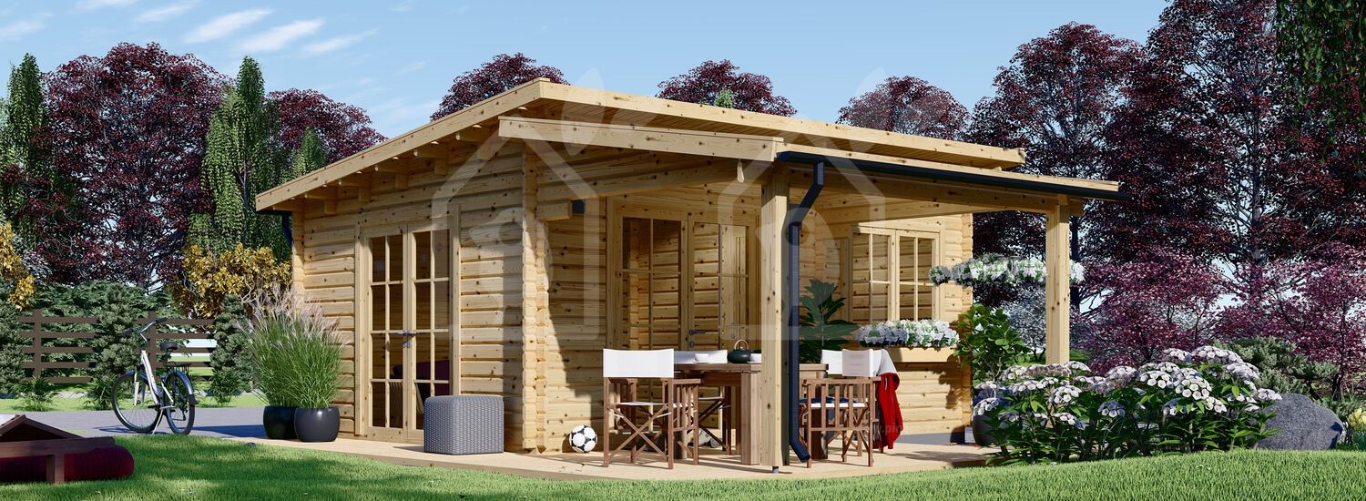 Caseta de jardín de madera con porche HELEN (44 mm), 6x6 m, 24 m² + 12.5 m²