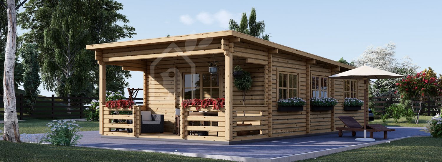 Casa de madera de tejado plano con porche HYMER (Aislada PLUS, 44+44 mm), 42 m² + 10 m² visualization 1